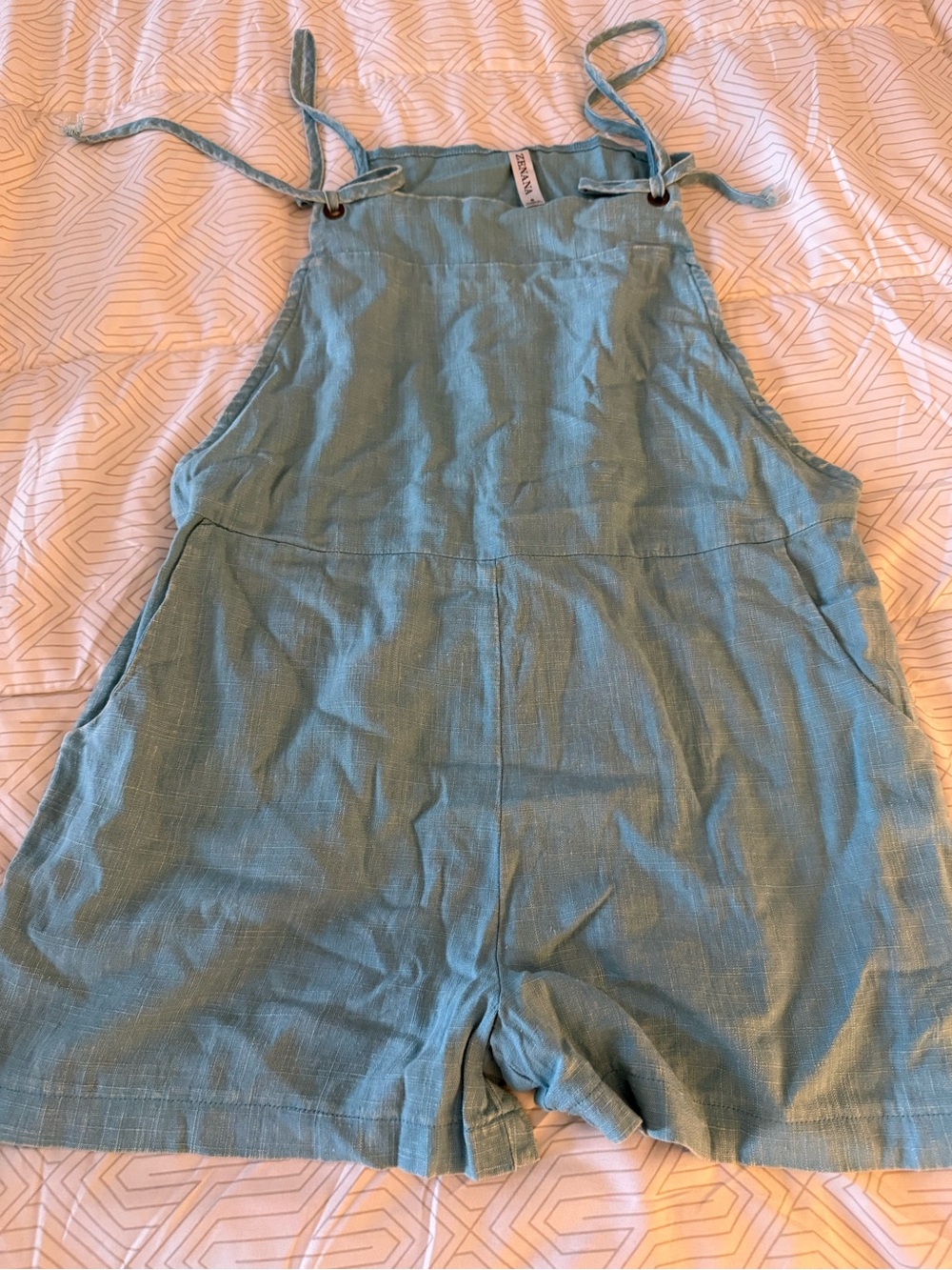 Zenana Outfitters Light Aqua Linen-Blend Short Overalls